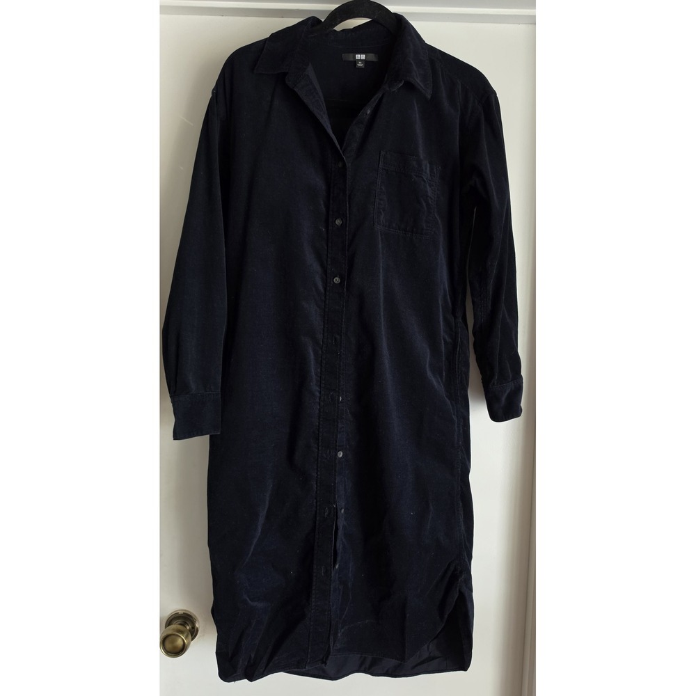 Uniqlo Corduroy Midi Dress XS Black Solid Collared Long Sleeve Casual Shift
